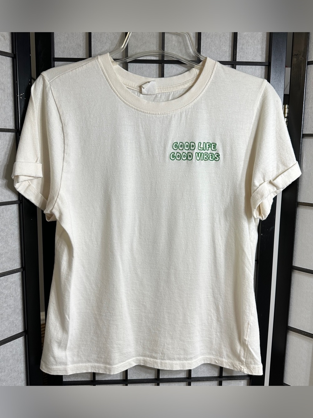 White And Green Good Life Good Vibes Front & Back Graphic T-shirt Size Small